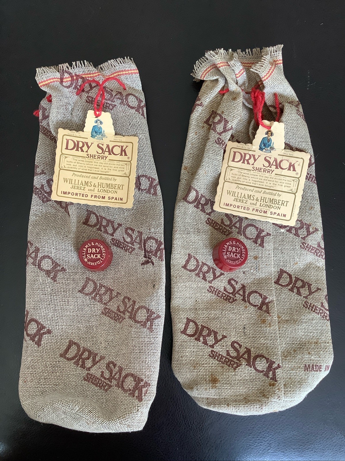 2 Dry Sack Sherry Logo Burlap Bag Liquor / Alcohol Storage w Labels & Bottle Top