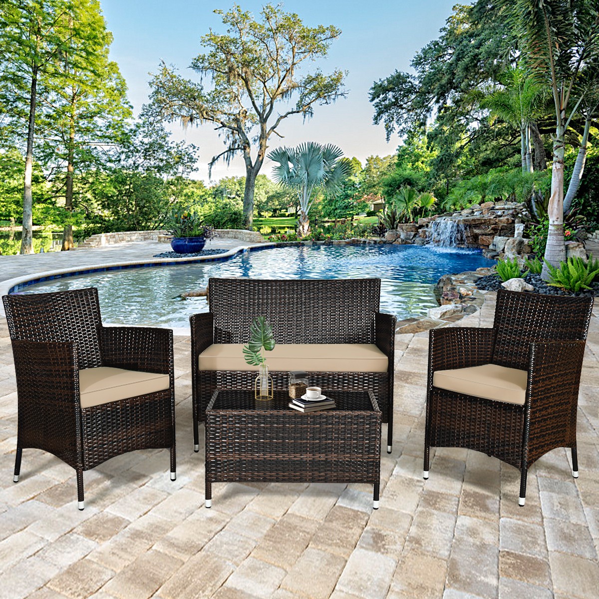 4PCS Patio Rattan Conversation Furniture Set Outdoor w/ Brown & Gray Cushion