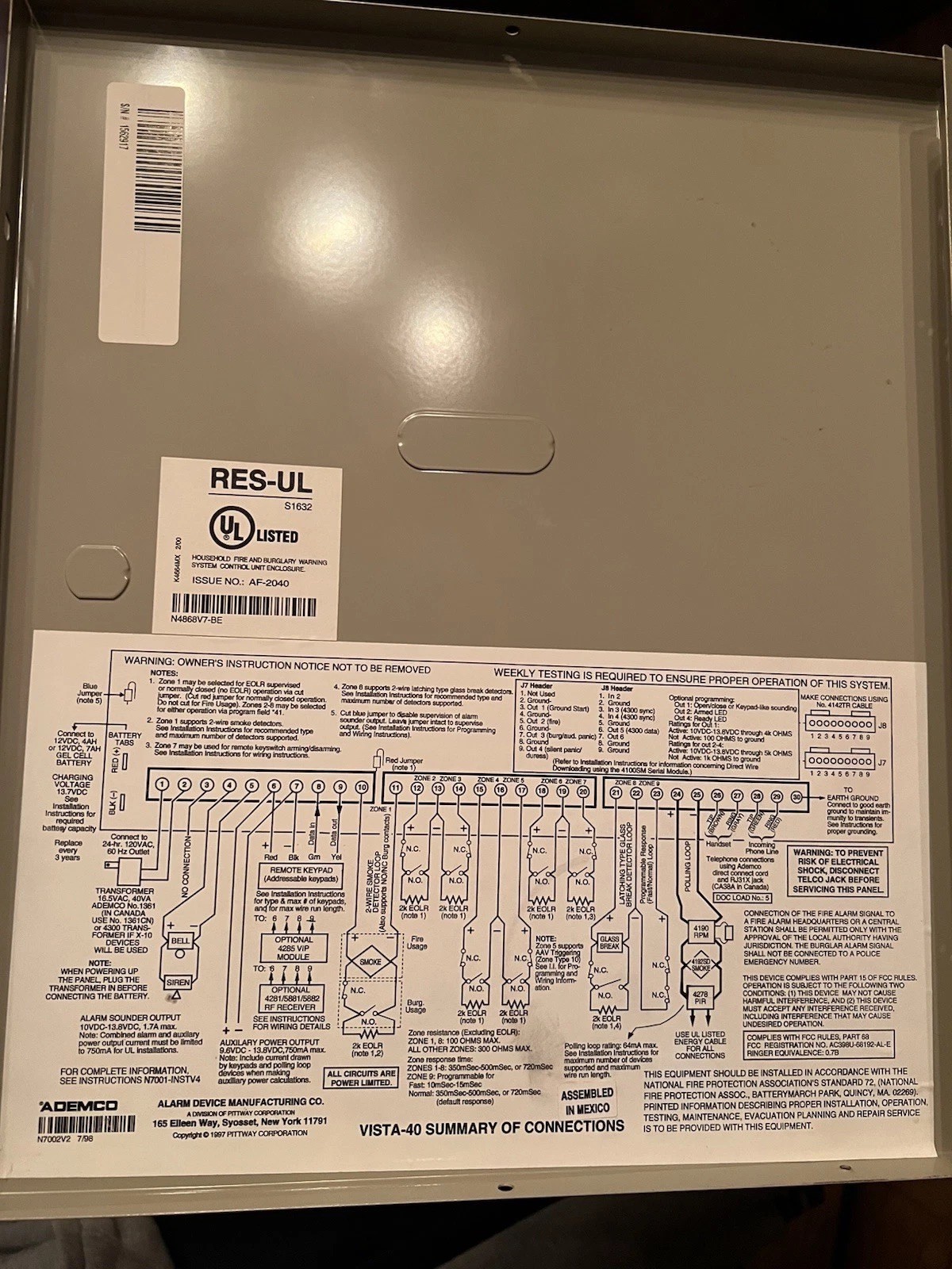 ADEMCO Vista-40 2-Partition Security System Control Panel