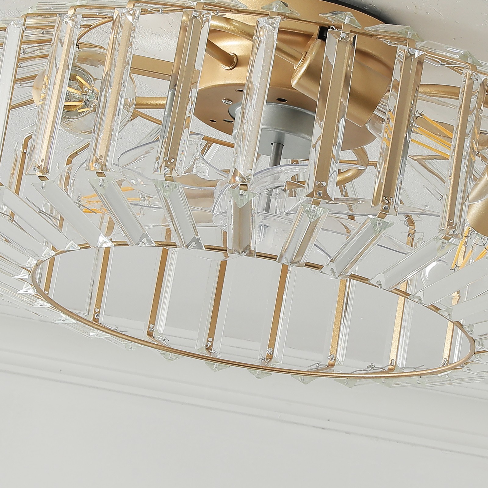 20" Modern Crystal Ceiling Fan with Light, Caged Flush Mount Ceiling Fan