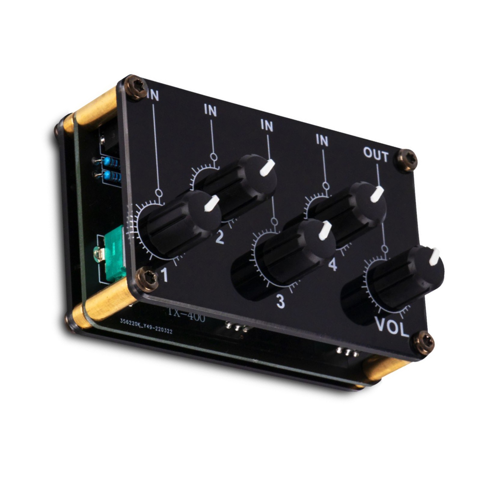 Stereo Audio Mixer With 4x 3.5mm input interfaces and 1x 3.5mm output interface