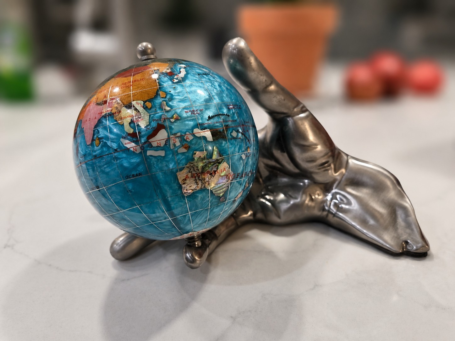 Alexander Kalifano Gemstone Globe Pewter Hand with World Earth  Semiprecious