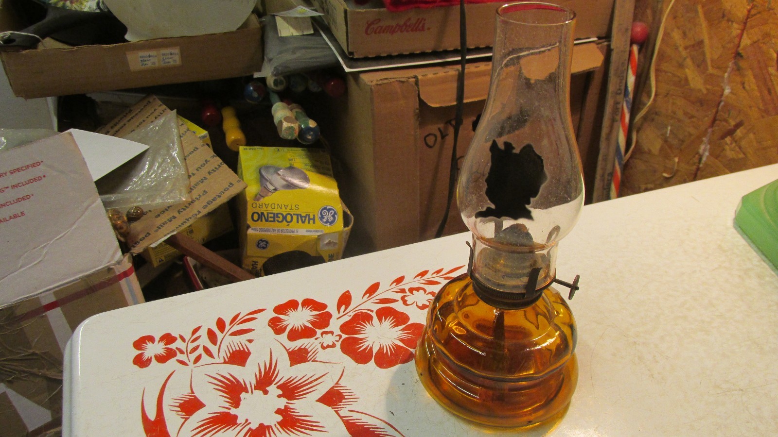 Vintage Japan Mini Amber Patio Kerosene Lamp & Silhouette Chimney