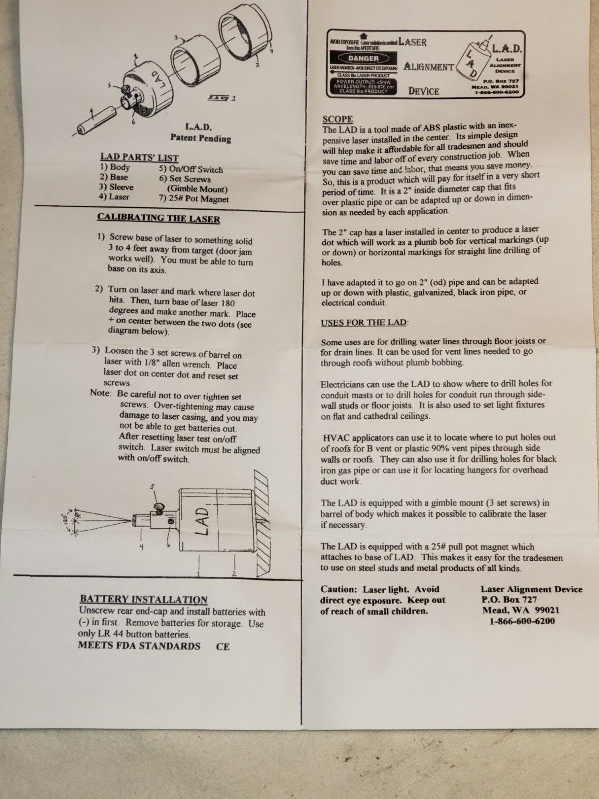 LAD LEVELER LASER ALIGNMENT DEVICE