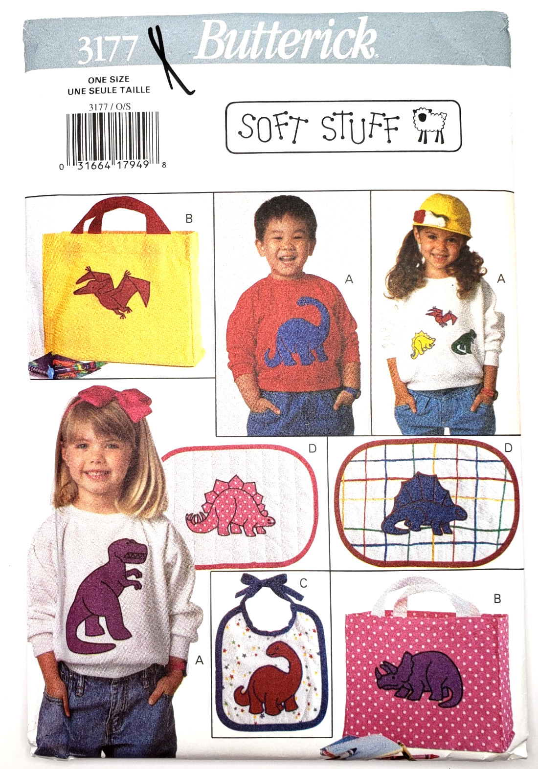 VTG Butterick 3177 Soft Stuff 6 Dinosaur Applique Pattern Uncut Craft 3 Sizes