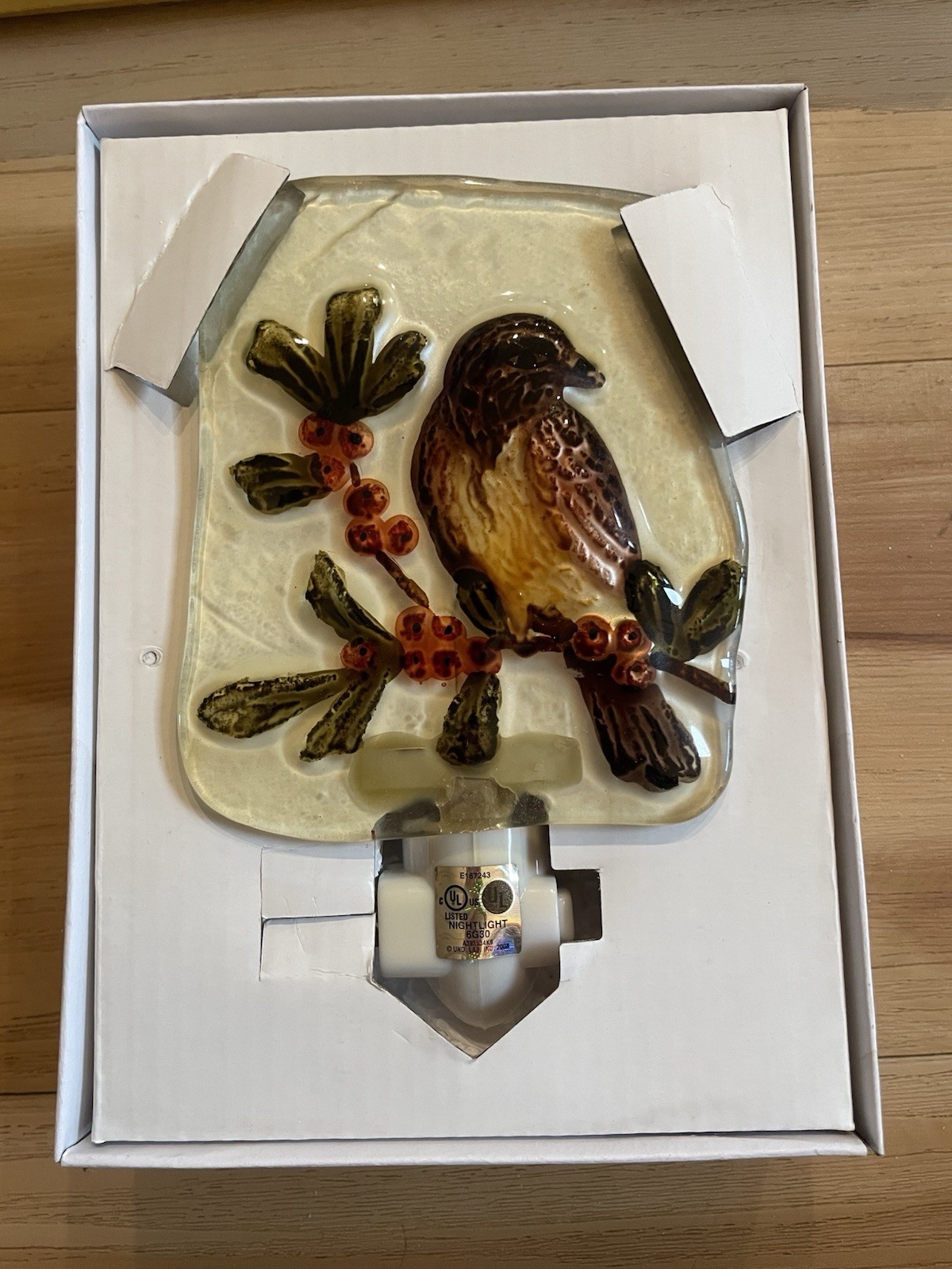 Fused Glass Night Light Cardinal Holly Branch  New 4”x 5” Gerson International