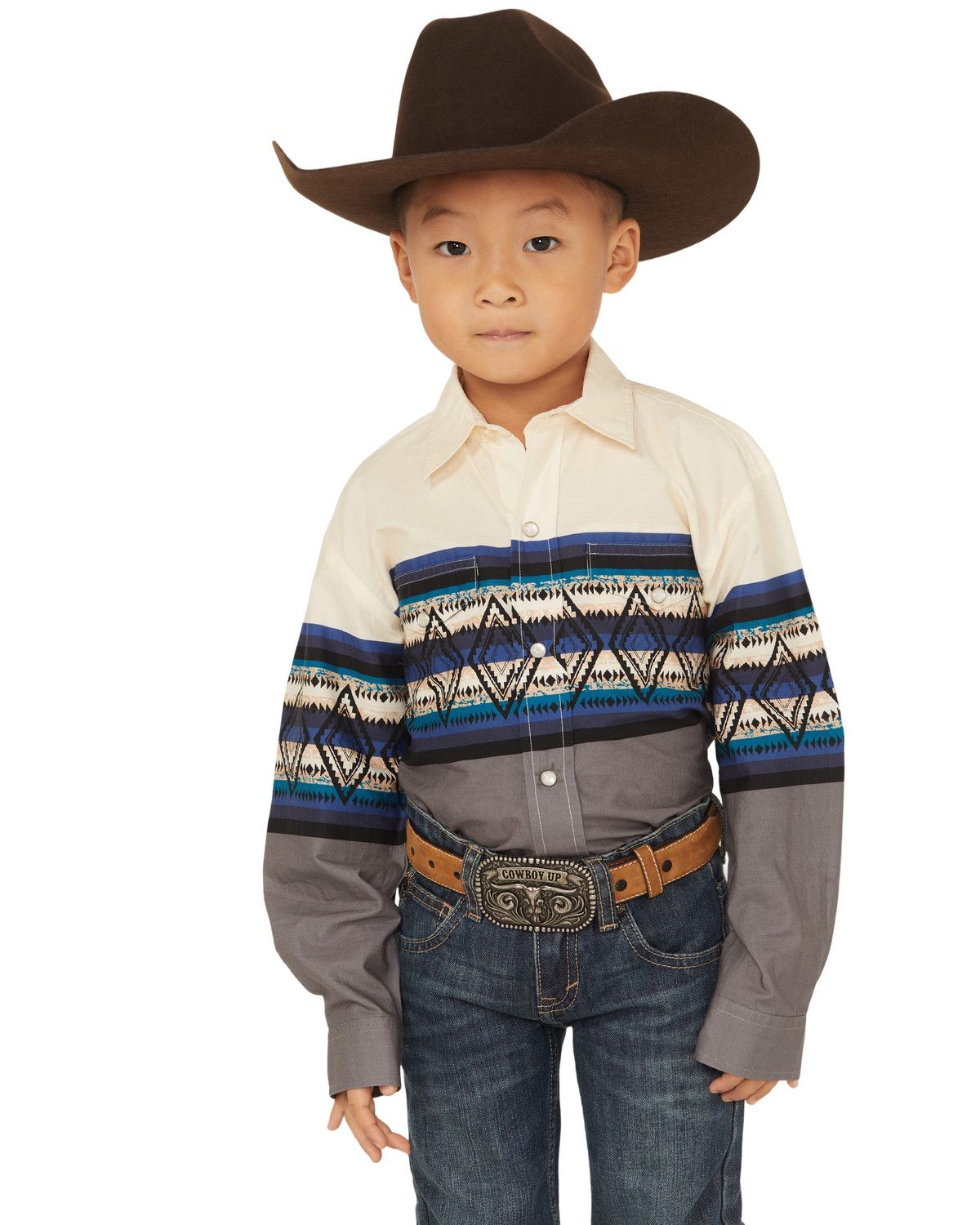 Roper Boys' ' Southwestern Striped Border Print Long Sleeve Pearl Snap -