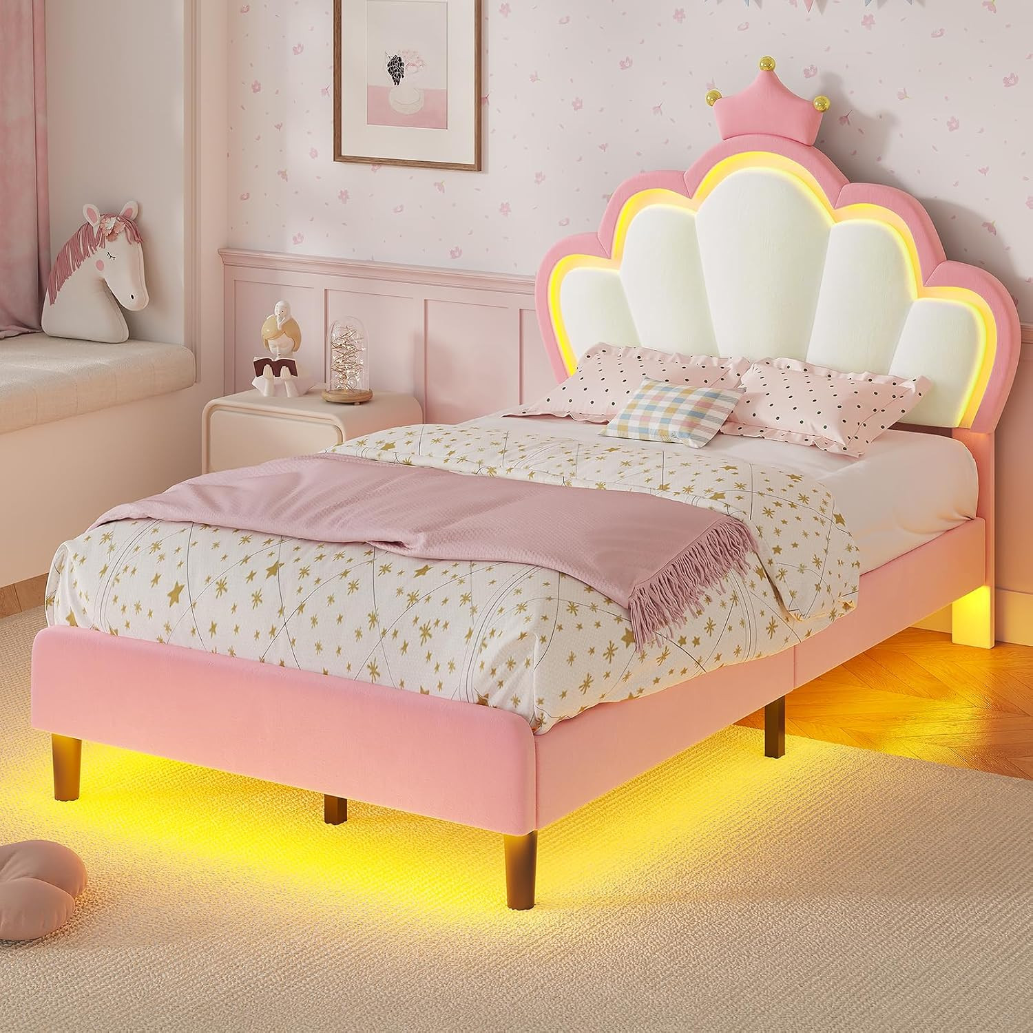 Twin Size Bed Frame with LED Lights, Girls Twin Bed with Princess Crown, LED Vel