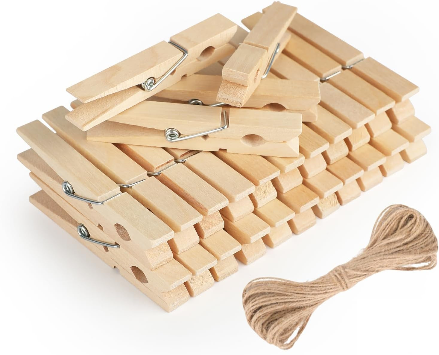Wooden Clips with String, 50Pcs 2.9Inch Large Clothes Pins, Natural Brown Photo