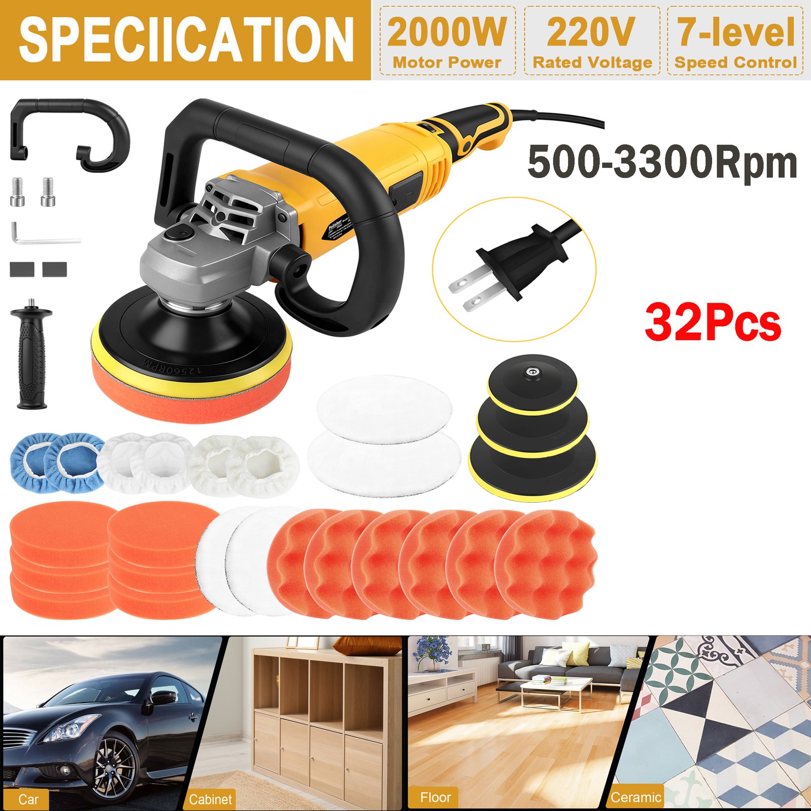 🧡2000W Car Polisher Buffer Sander+5" 6"7" Polishing Machine Waxer Pad 2026 NEW