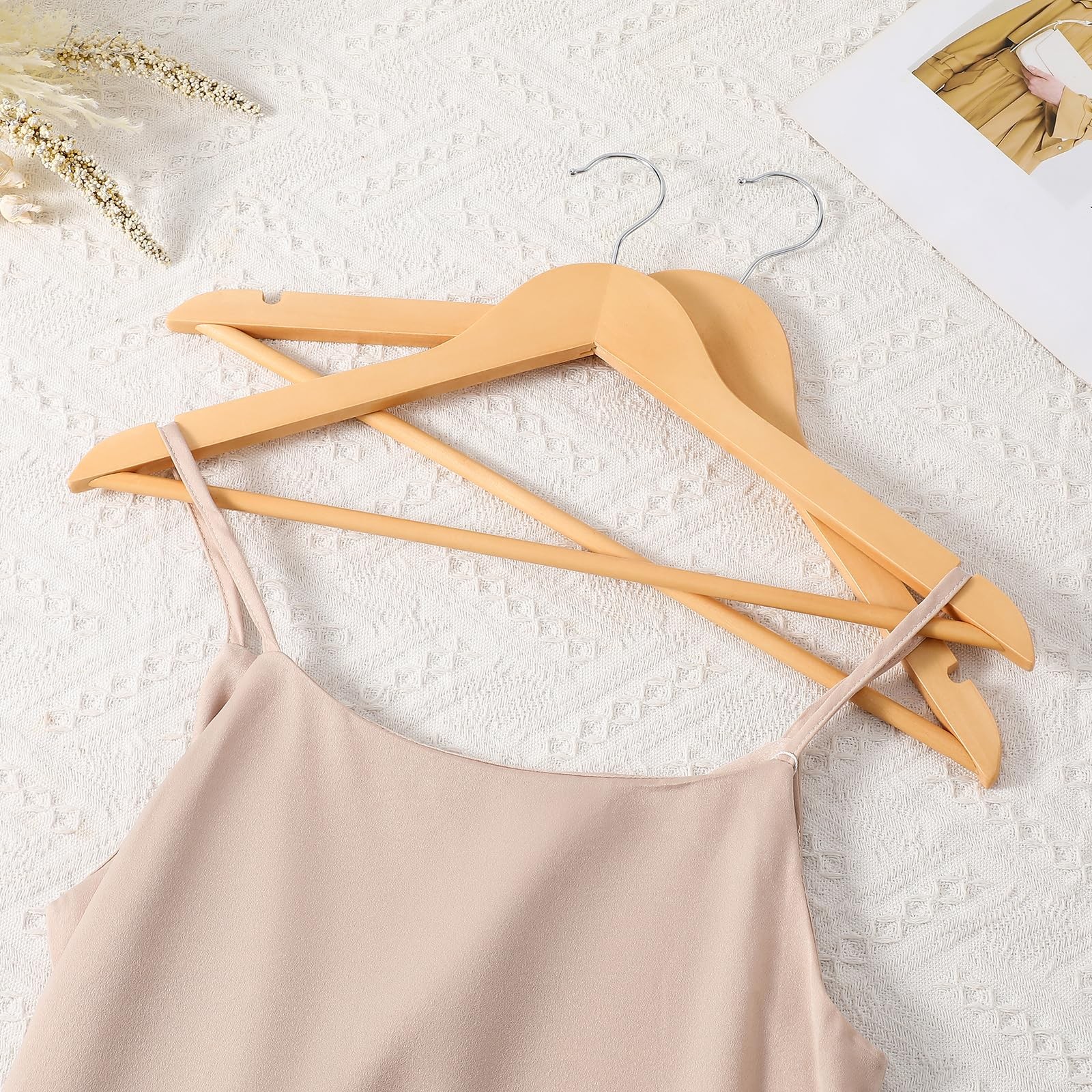 20 Pack Hanger Natural Color Wood Suit Hangers with Round bar and 360° Rota-T...