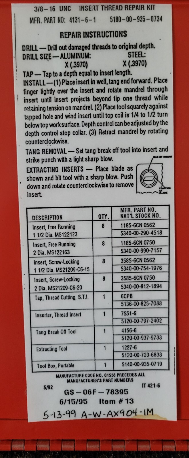 HeliCoil thread kit 5180-00-935-0734