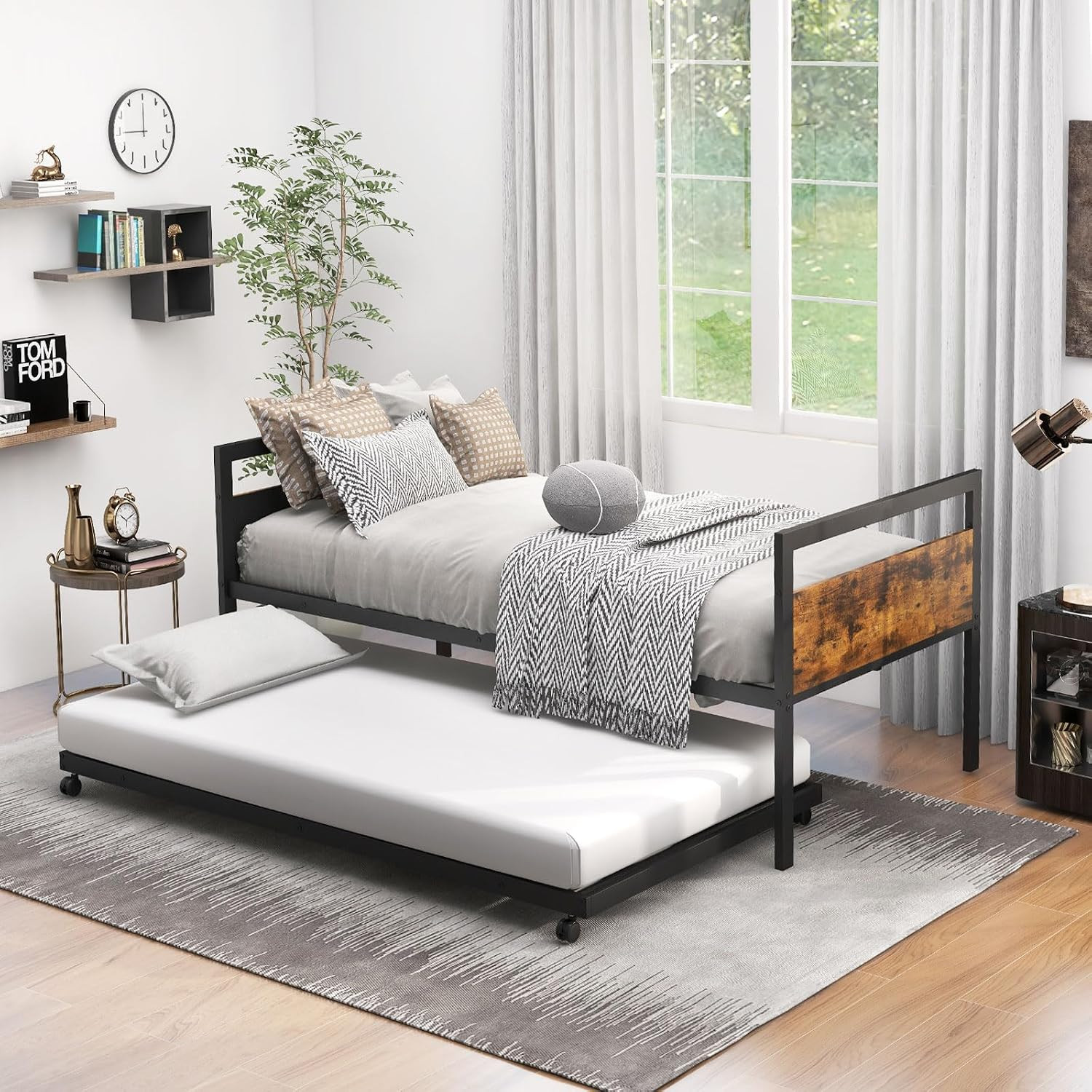 Twin Size Metal Daybed with Trundle, Daybed Frame with Wooden Headboards, Metal