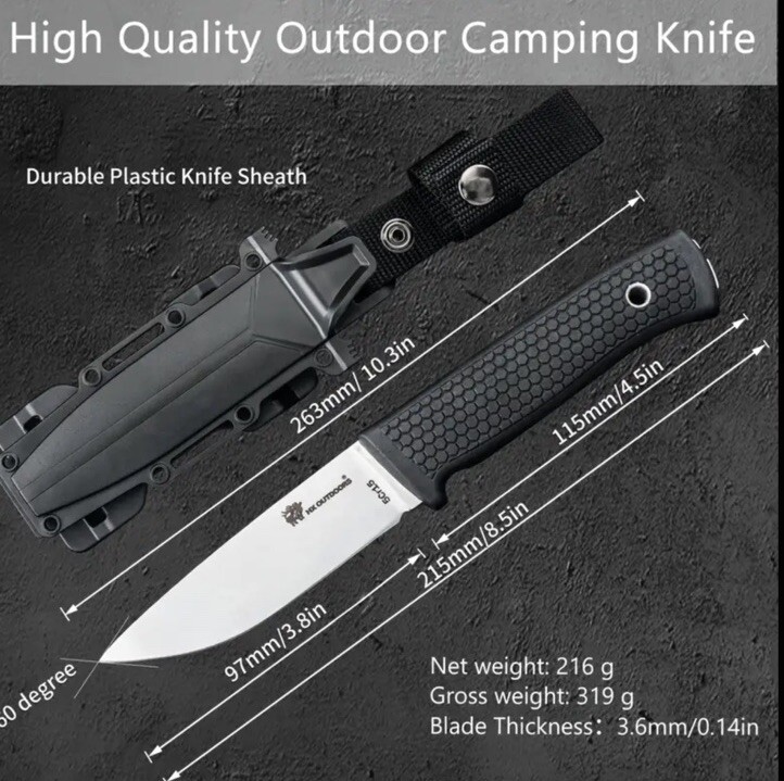 HX Outdoors Fixed Blade Knife Rubber Handle Drop Point w/ Sheath