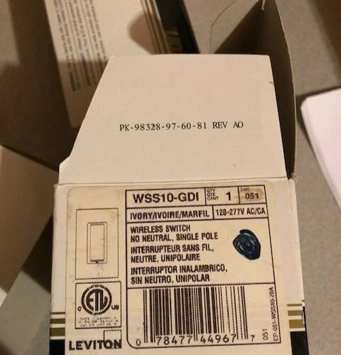 Leviton WSS10-GDI  Basic RF Wall Switch Receiver WIRELESS NO NEUTRAL IVORY