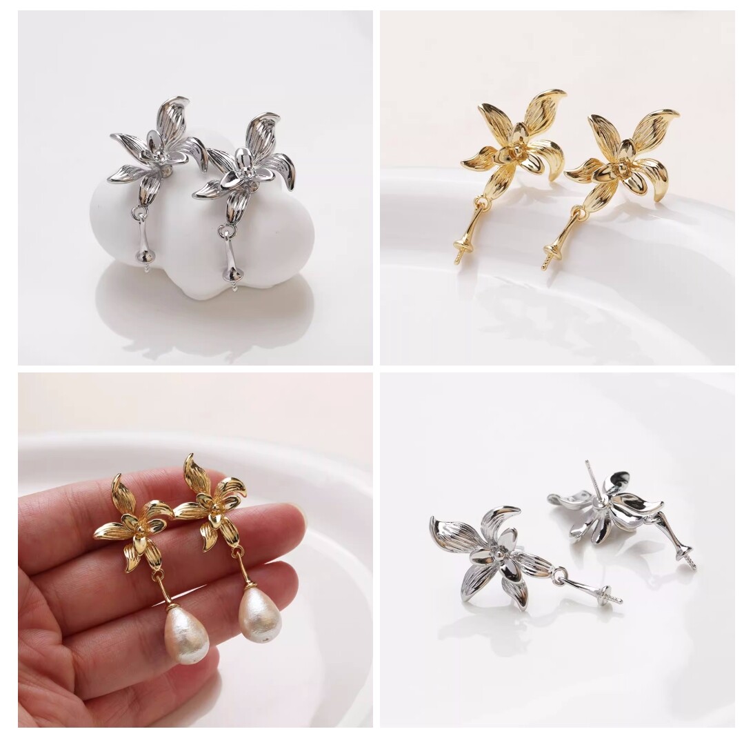 4pcs Flower Earring With Pearl Mounting Peg,Gold/Silver Tone Flower Stud Earring