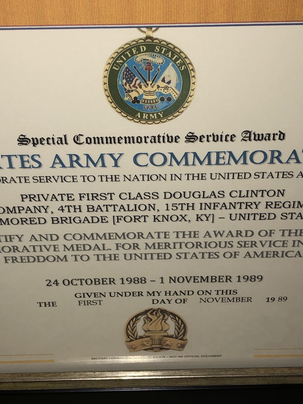 SCSA - UNITED STATES ARMY COMMEMORATIVE MEDAL CERTIFICATE ~ Type 1