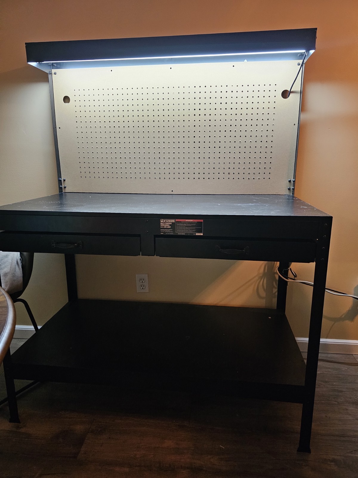 Black Metal Assembly Workstation with Pegboard, Drawers, Shelf, Integrated Light