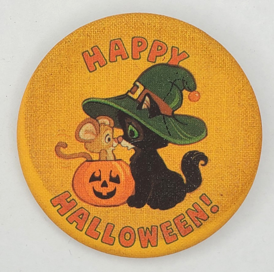 Vintage 1980s Hallmark Happy Halloween Black Cat with Mouse Pinback Button