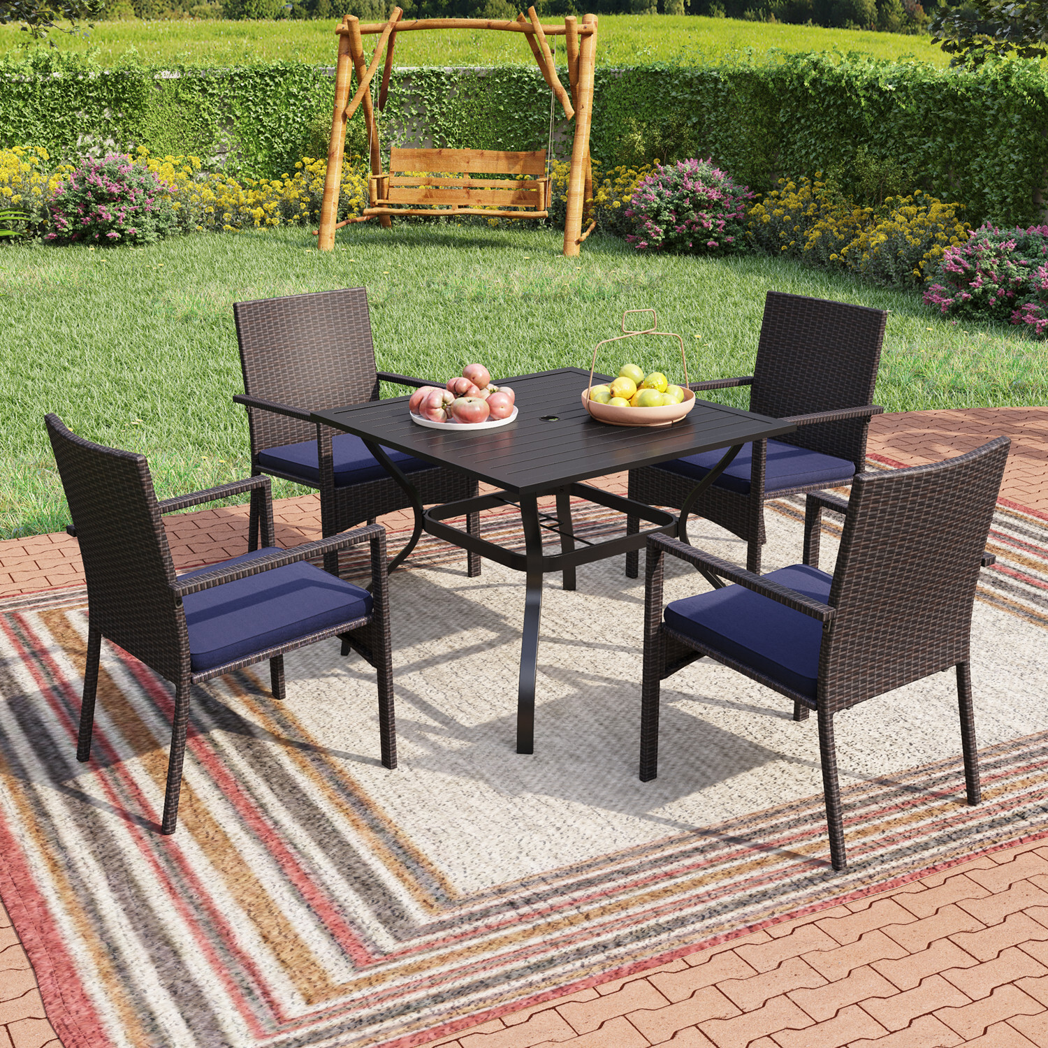 Rattan Furniture Sets Patio Chairs Metal Outdoor Table Square for 4 Person Party