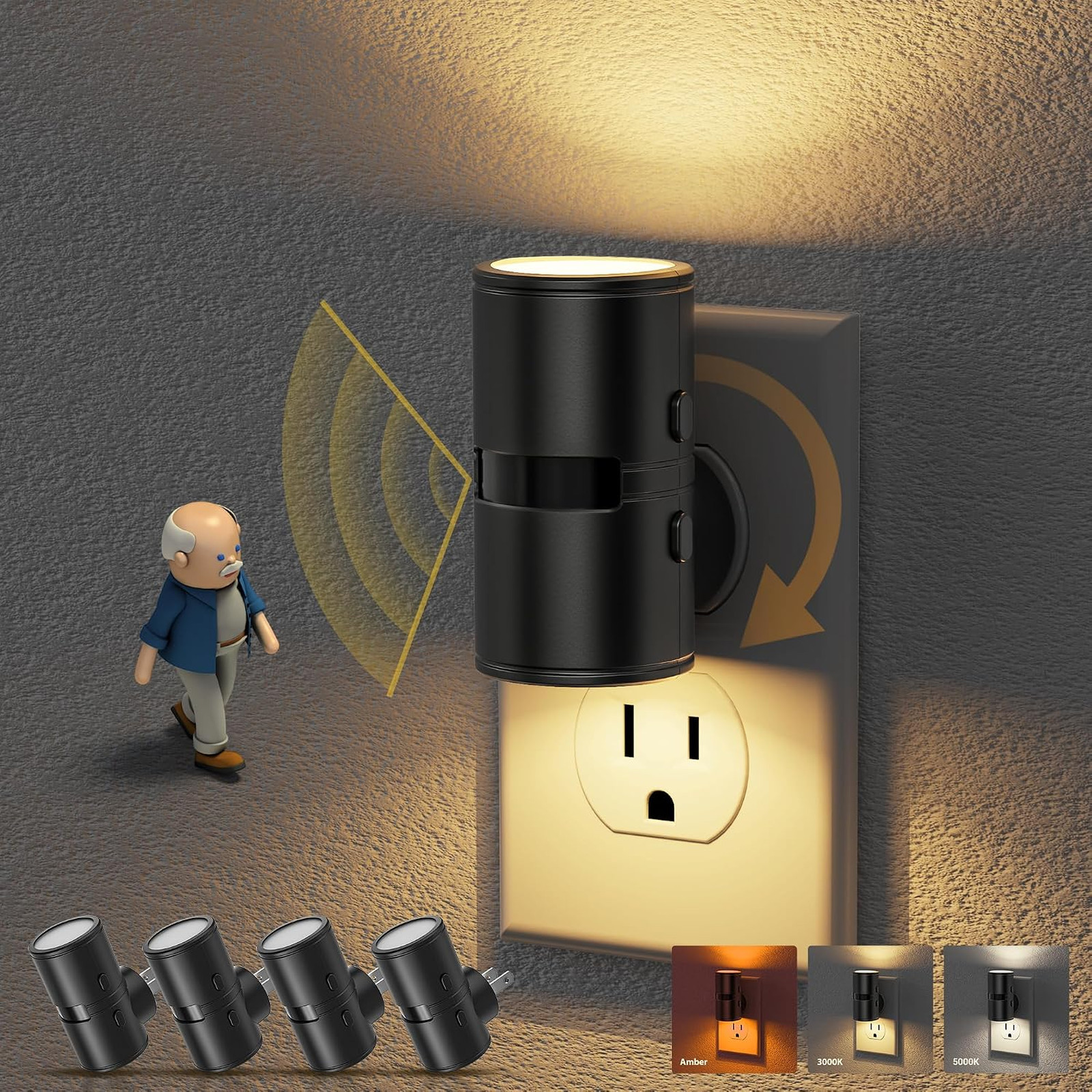 Motion Night Light Black, Rotating Wall Plug, Dusk to Dawn Auto Sensor, 3 Color