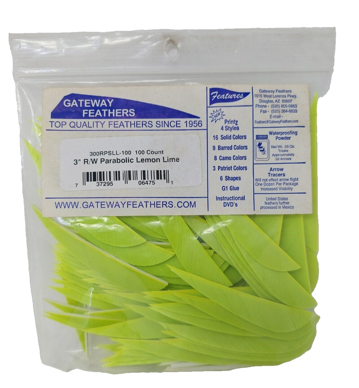 100 Pack Gateway Feathers 3" Right Wing: Parabolic Lemon Lime 300RPSLL-100
