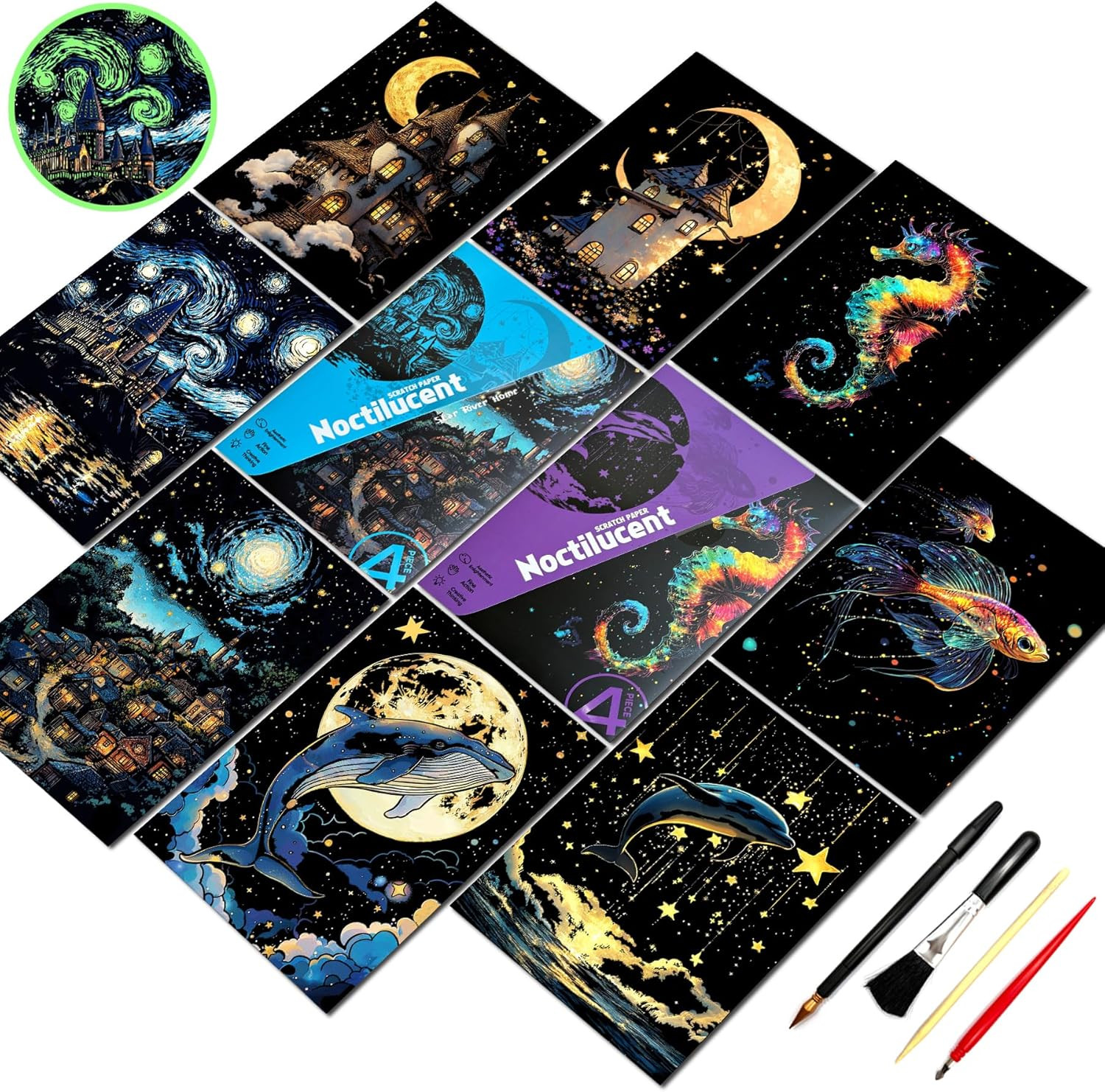 Scratch Paper Art for Adult-Glow in the Dark Scratch Painting Craft Kit (8 Sheet