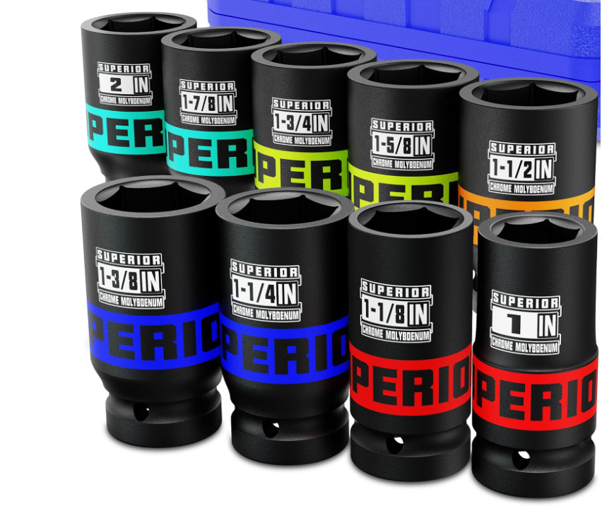 Juego 9 piezas vasos impacto 1" profundos 1-2" SAE 6 puntas acero CR-MO pesado