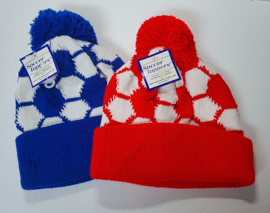 Lot of 2 NWT SOCCER TOPPERS Winter Cuff Fold Toboggan NOS Red Blue Pom Pom Top