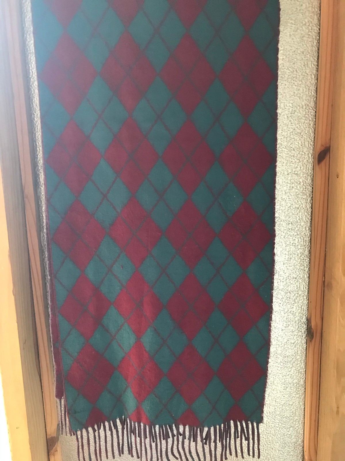 Vintage Soft 50” Winter Scarf w/ Fringe Turquoise & Maroon Diamonds Cashmere