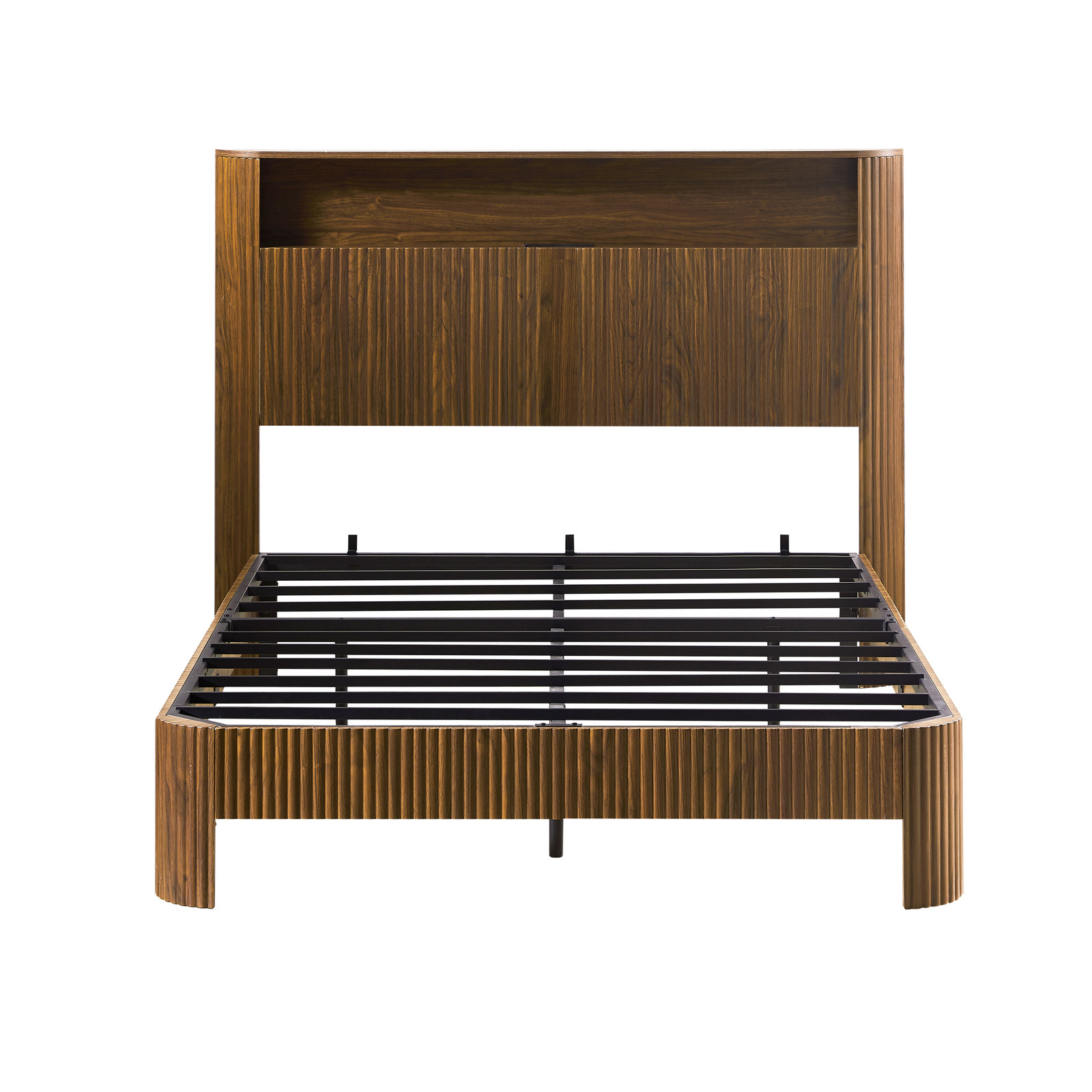 Full XL Bed Frame Storage Headboard Charging Station Metal Support Walnut