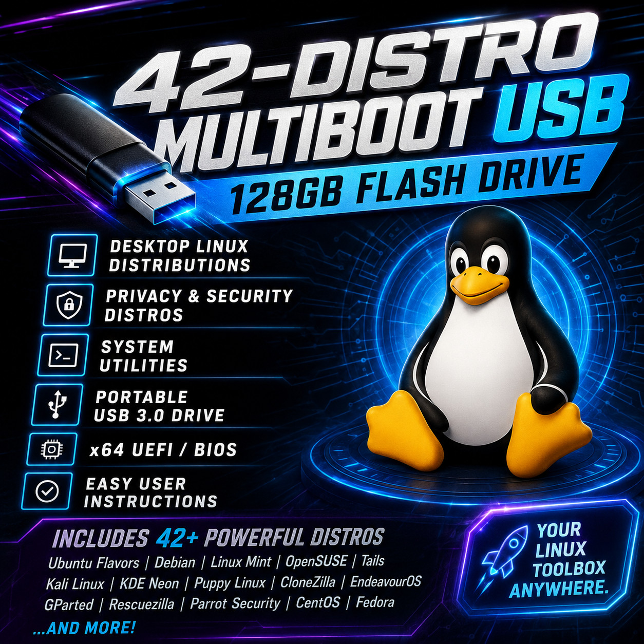 42-in-1 LINUX DISTROS MEGA PACK / Multi-boot 128GB Master USB  | FAST SHIP