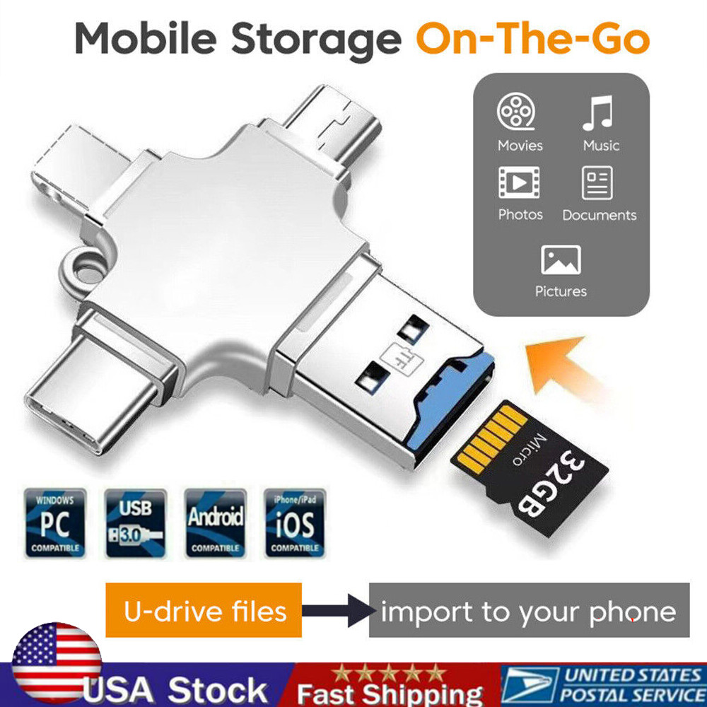4 In 1 iOS Micro USB Type-C Micro TF Card Reader OTG for Android iPhone PC New🔥