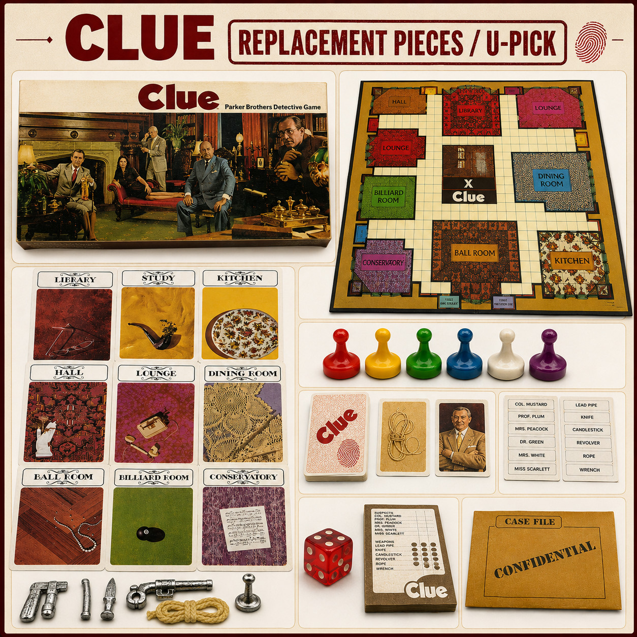 CLUE Detective Board Game Replacement U PICK Piece Cards Token Weapon 1972 1979
