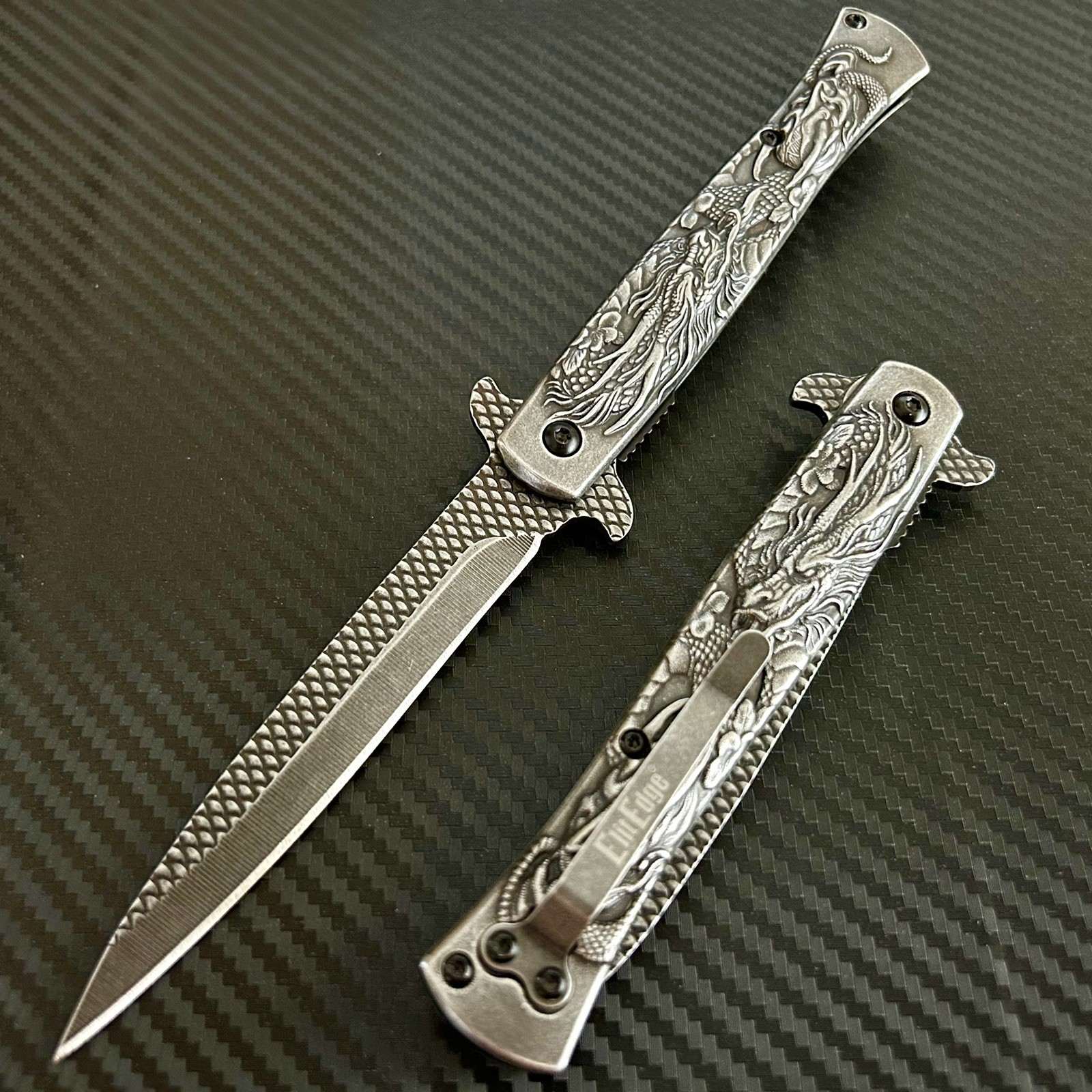 9” Stonewashed Dragon Tactical Spring Assisted Open Blade Folding Pocket Knife