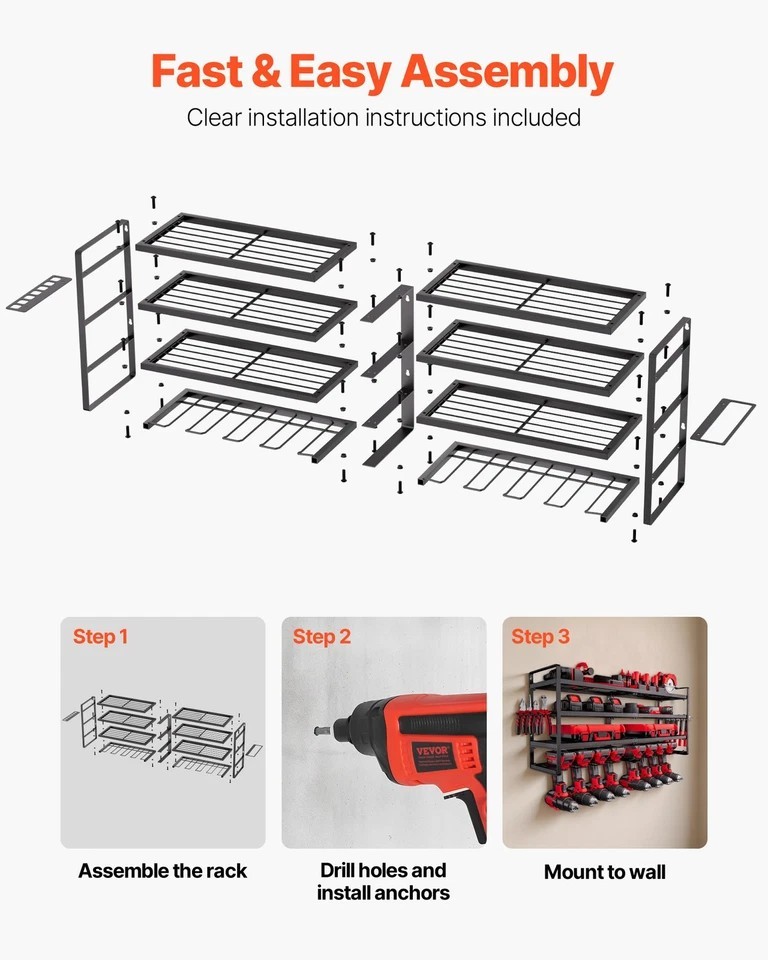 Power Tool Organizer Wall Mount 4-Layer Tool Storage Rack 8 Drill Holders