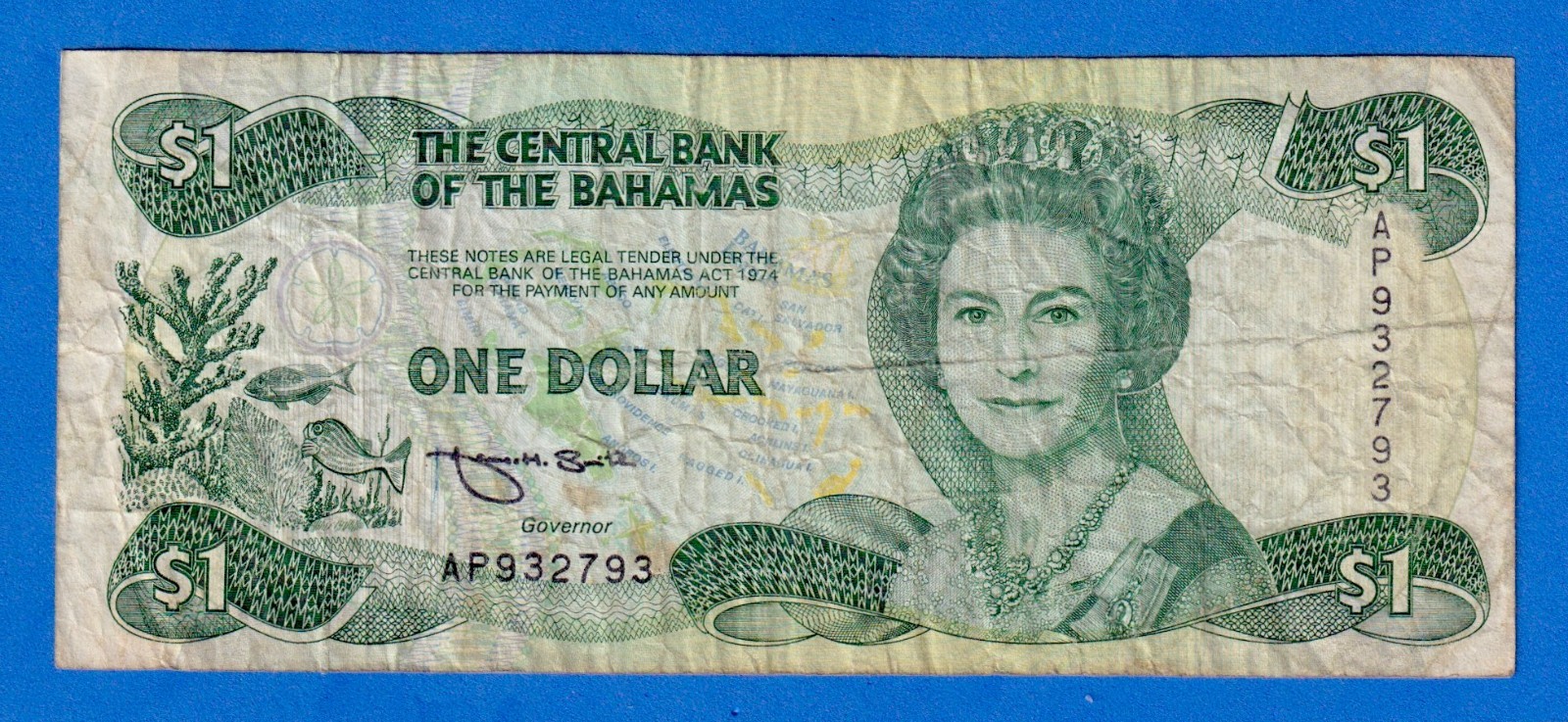 Bahamas $1 1984 P-43b Circulated Note - Queen Elizabeth Portrait AP932793