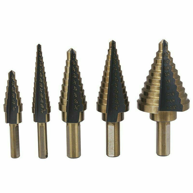 5pcs SAE Step Drill Bit Set HSS Cobalt Multiple Hole 50 Size TRI-FLAT Shank