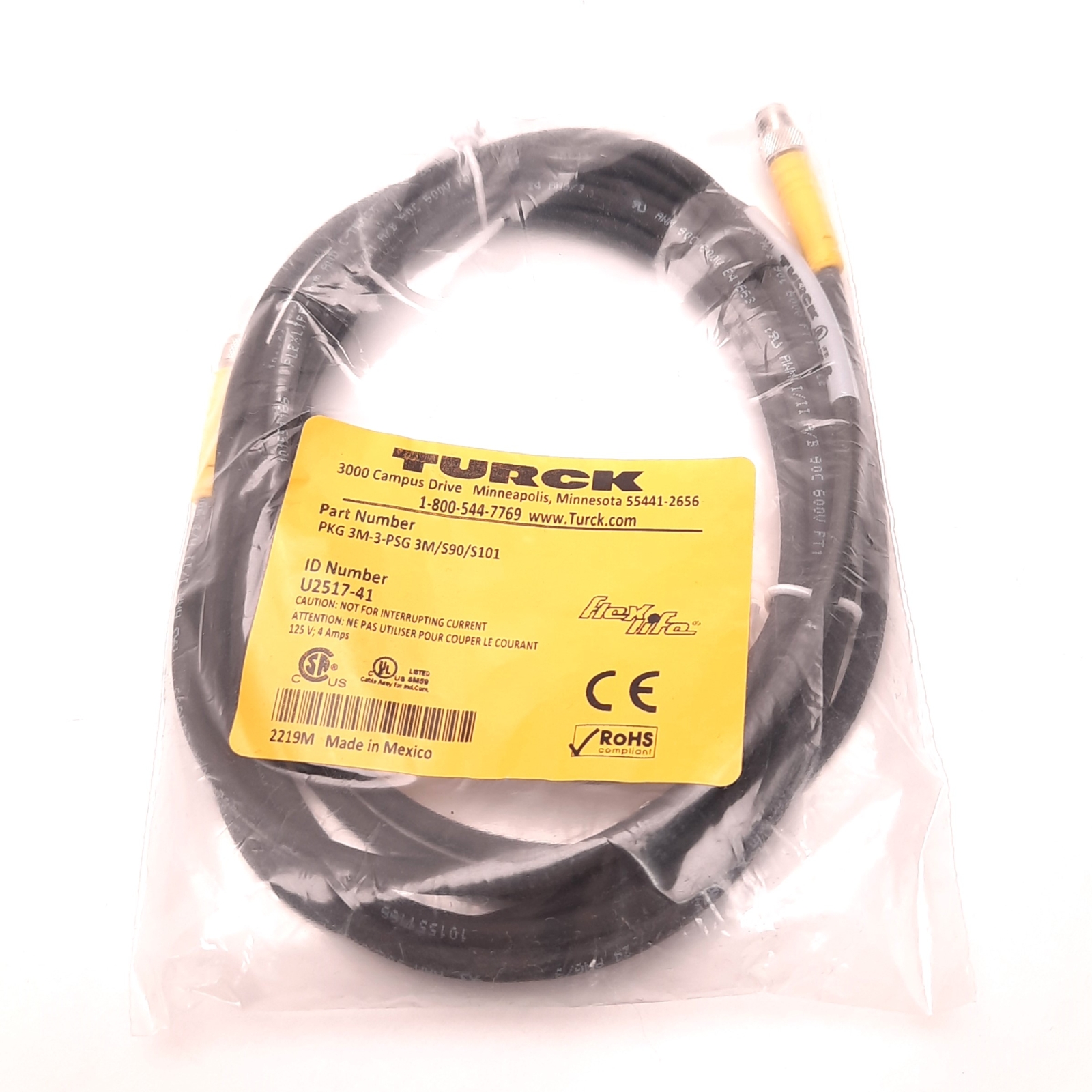 Turck 3M-3-PSG Cordset, M8 Female to M8 Male, 3 Conductor, 3 Meters, PVC
