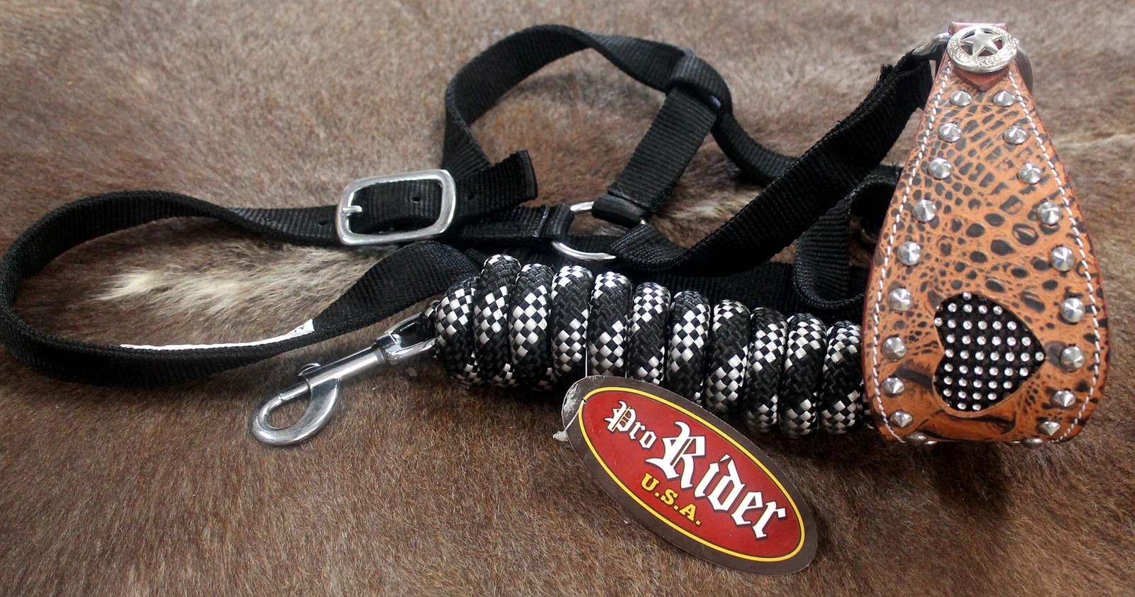 Horse Noseband Tack Bronc Leather Nylon HALTER Tiedown Lead Rope 280252