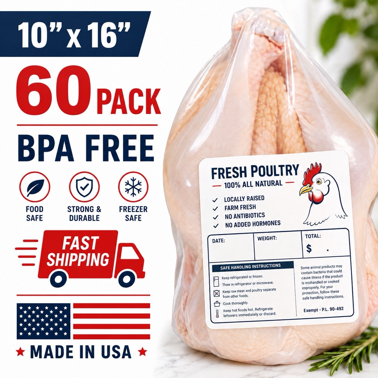 POULTRY SHRINK BAGS 10"X16" CHICKEN FOOD PROCESSING FREEZER SAVE MADE IN THE US