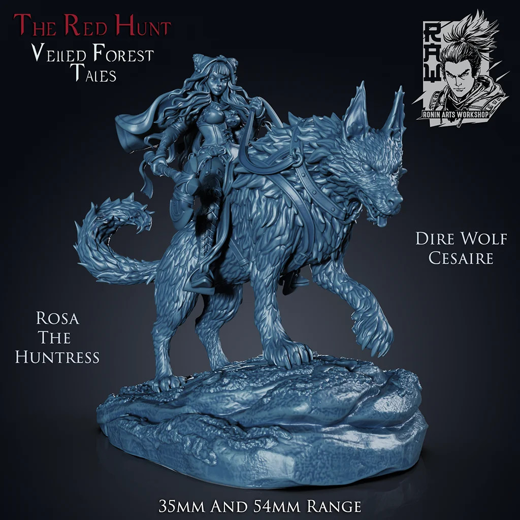 Huntress Rosa on Big Bad Wolf - Resin Tabletop Miniature