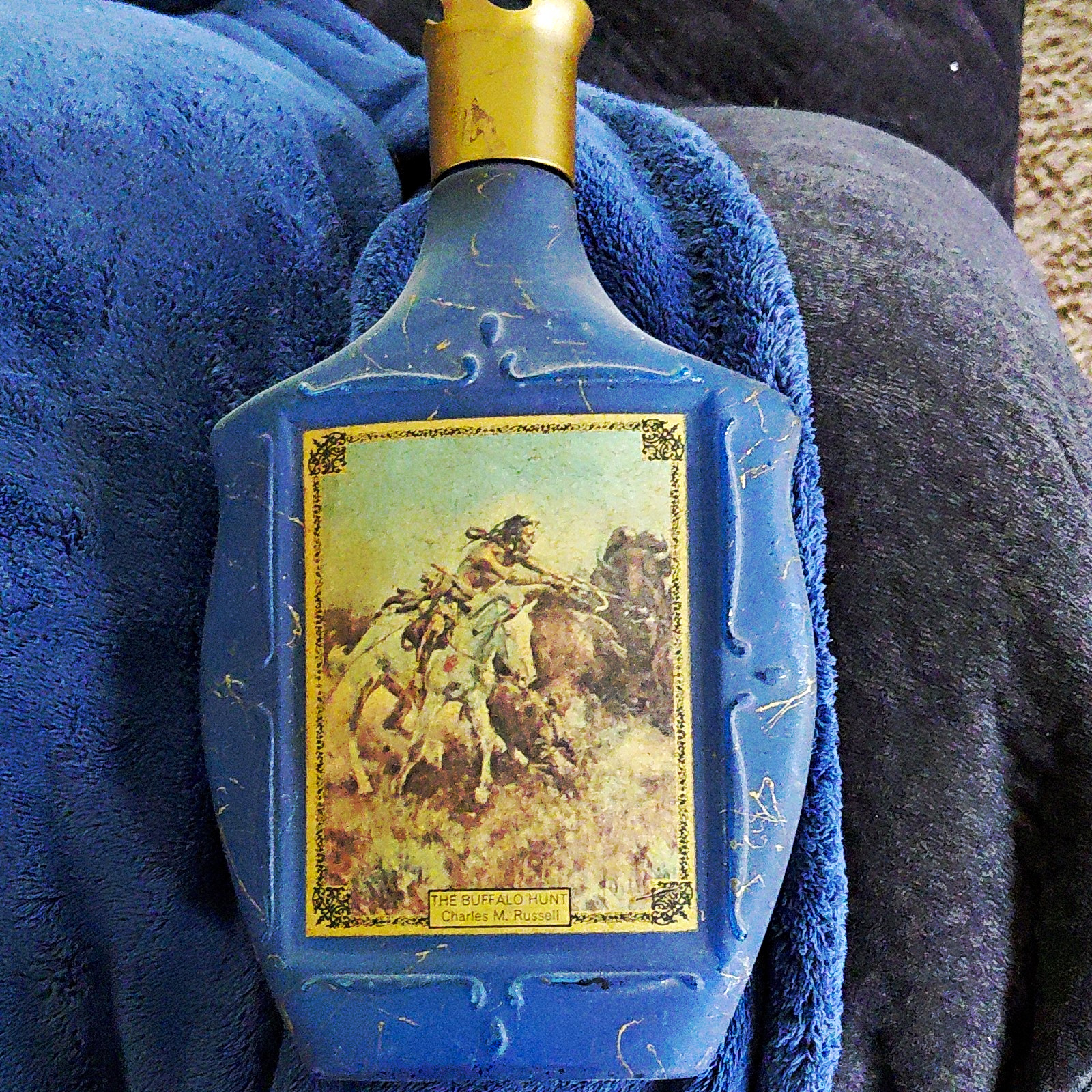 Charles M. Russell Blue Liquor Bottle "The Buffalo Hunt" Label
