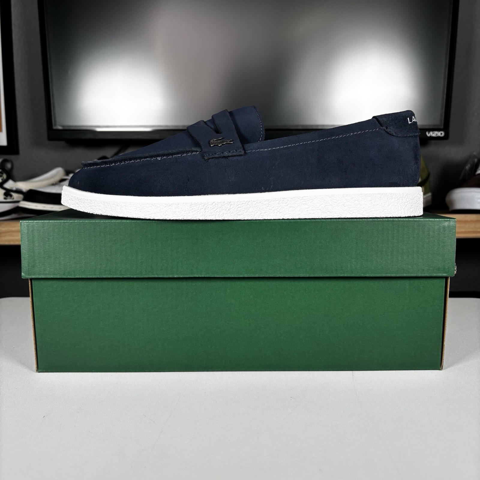 Sz 11.5 Lacoste Cochet Suede Loafers Navy Mens Shoes Date Work Parties NEW