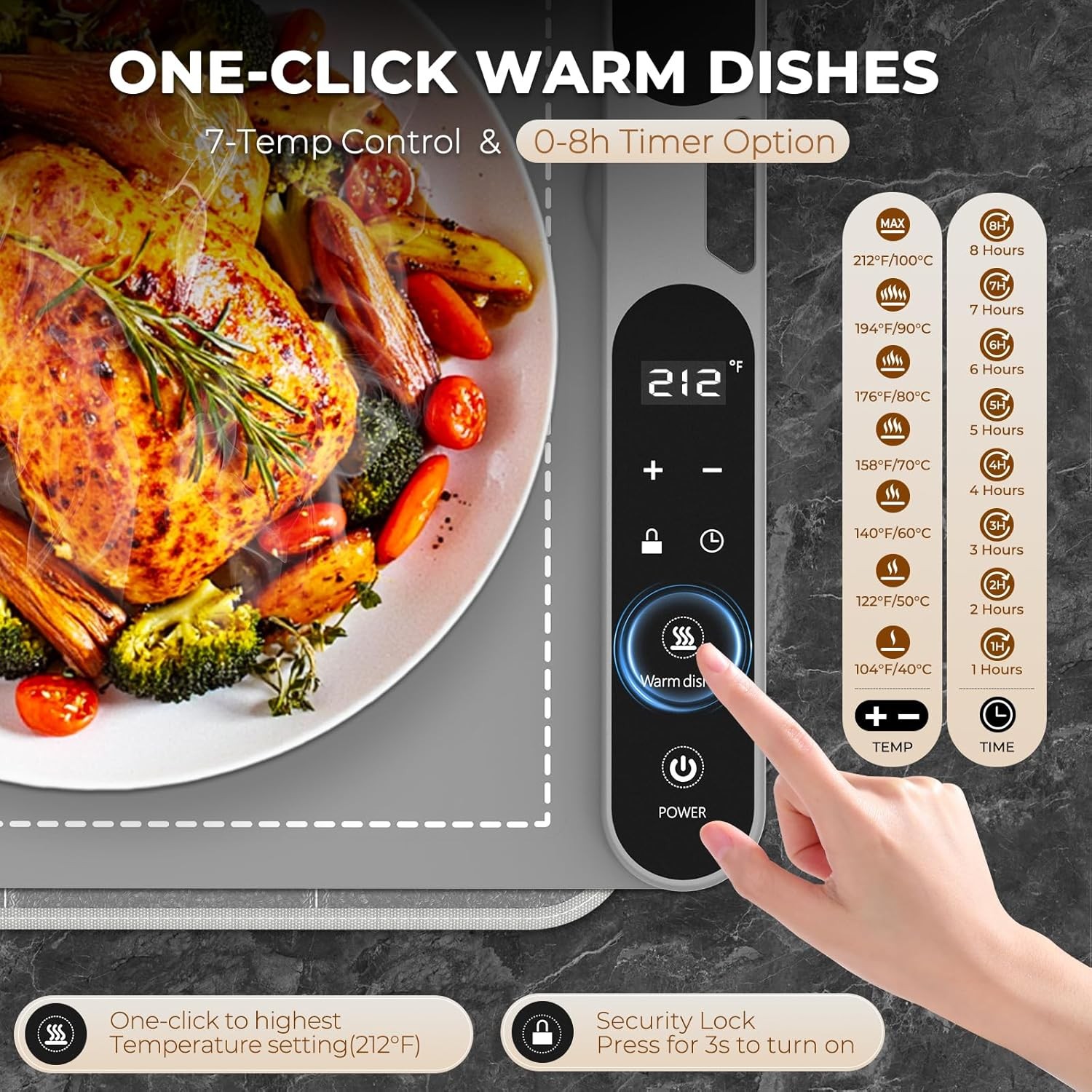 H Food Warming Mat - 7 temperature settings and 8-hour timer, gray