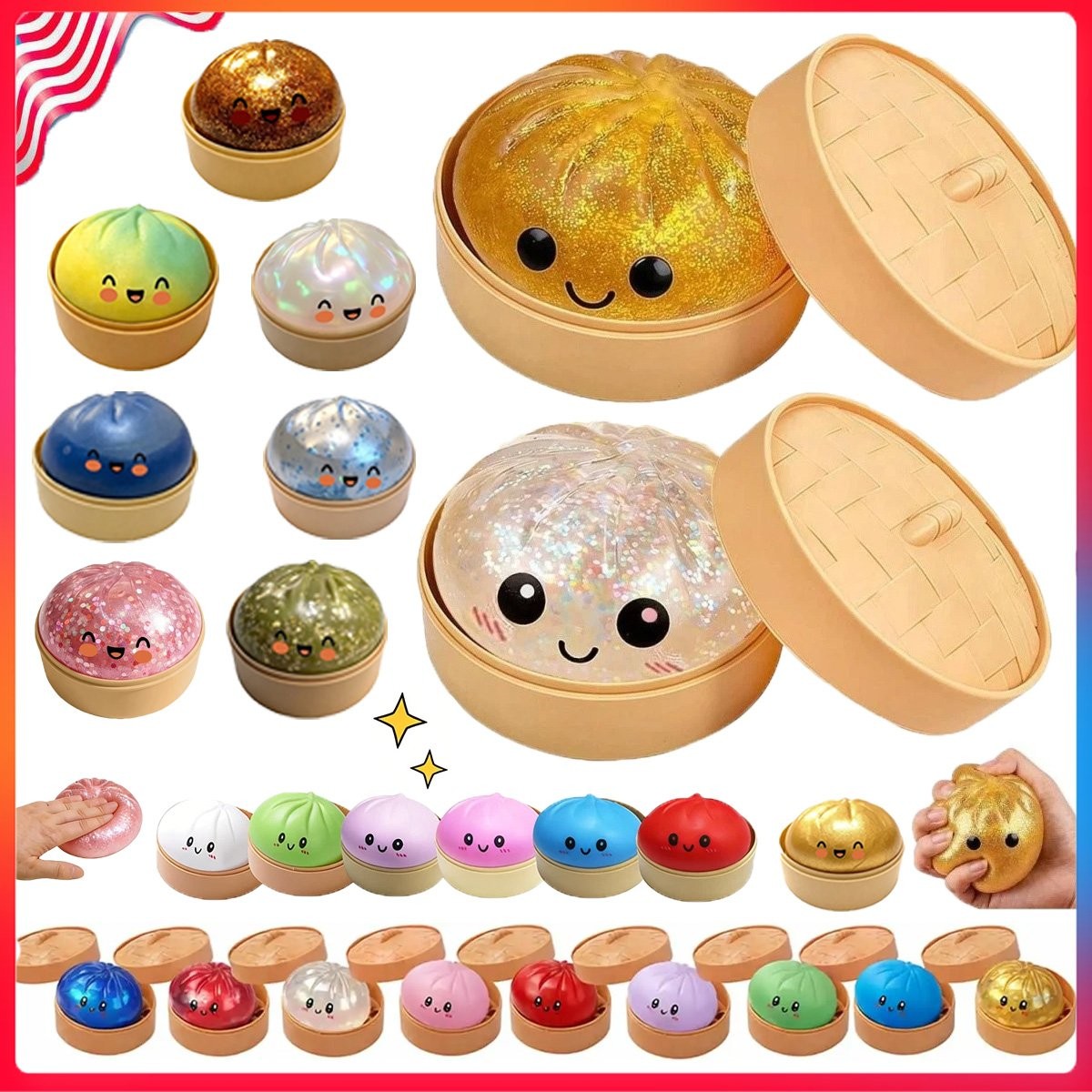 Dumpling Squishies Toy, Giant Glitter Dumpling, Colorful Dumplings Stress Balls