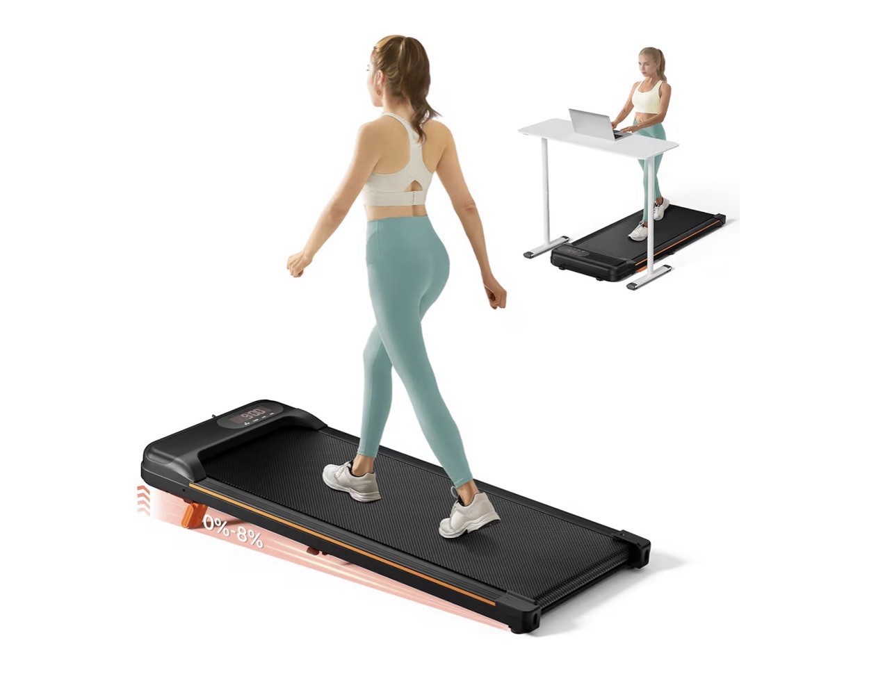 Under Desk Electric Treadmill 8% Incline, LED Display, Remote, 3 Modes
