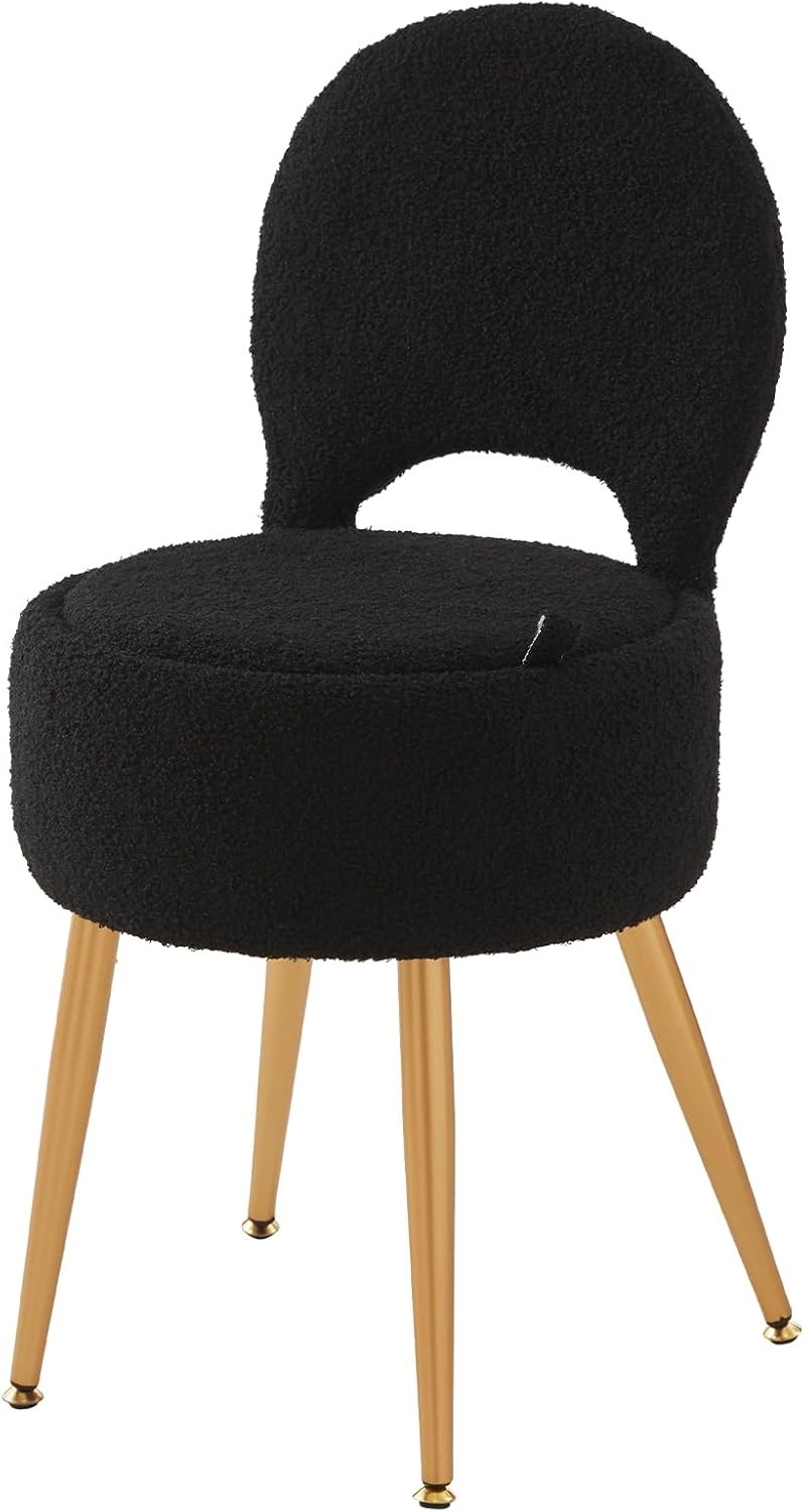 Small Vanity Stool Chair W/ Storage & Folding Back,4 Metal Legs W/ Anti-Slip