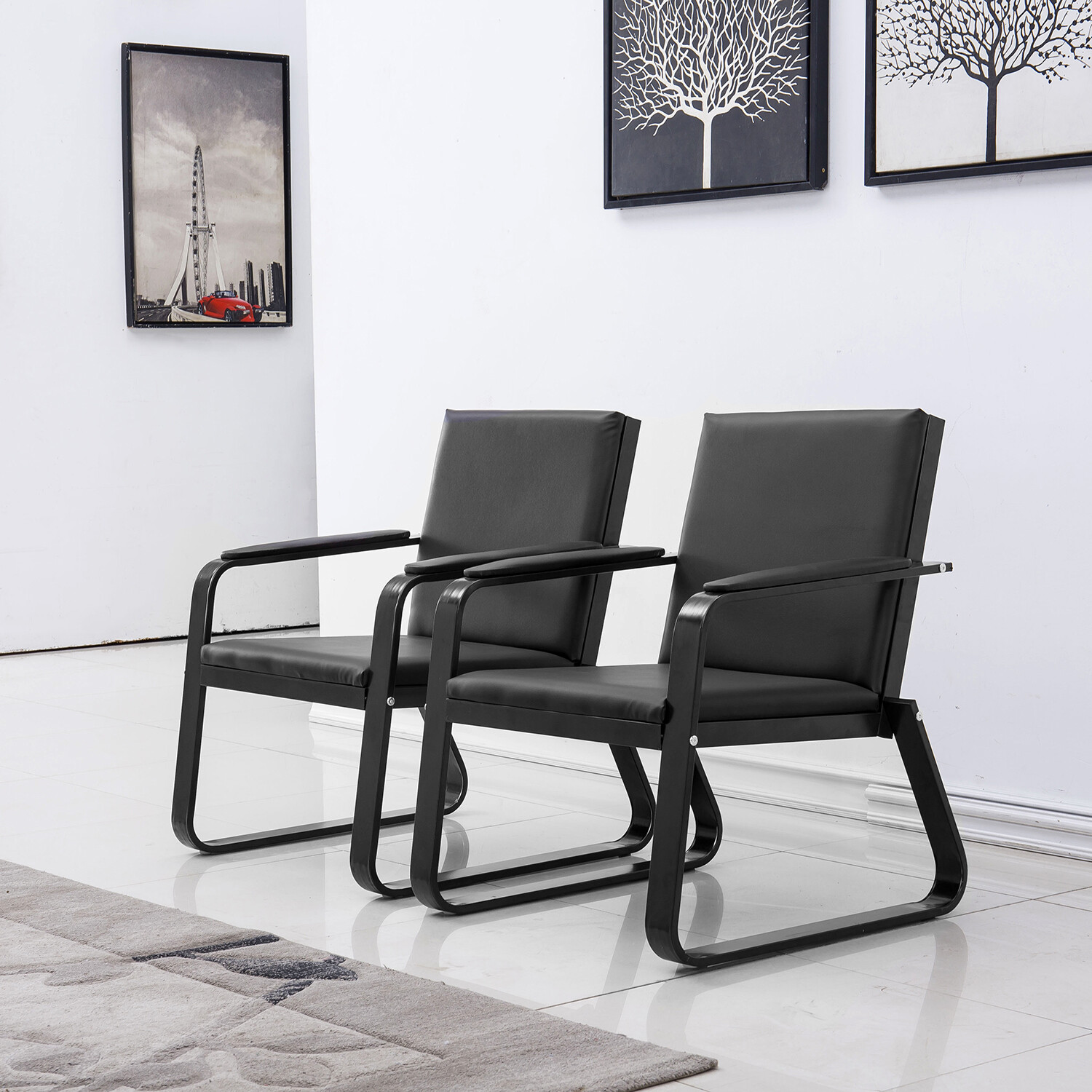 2 PCS Reception Room Chairs Office Guest Waiting Sofas w/ PVC Leather Foam Steel