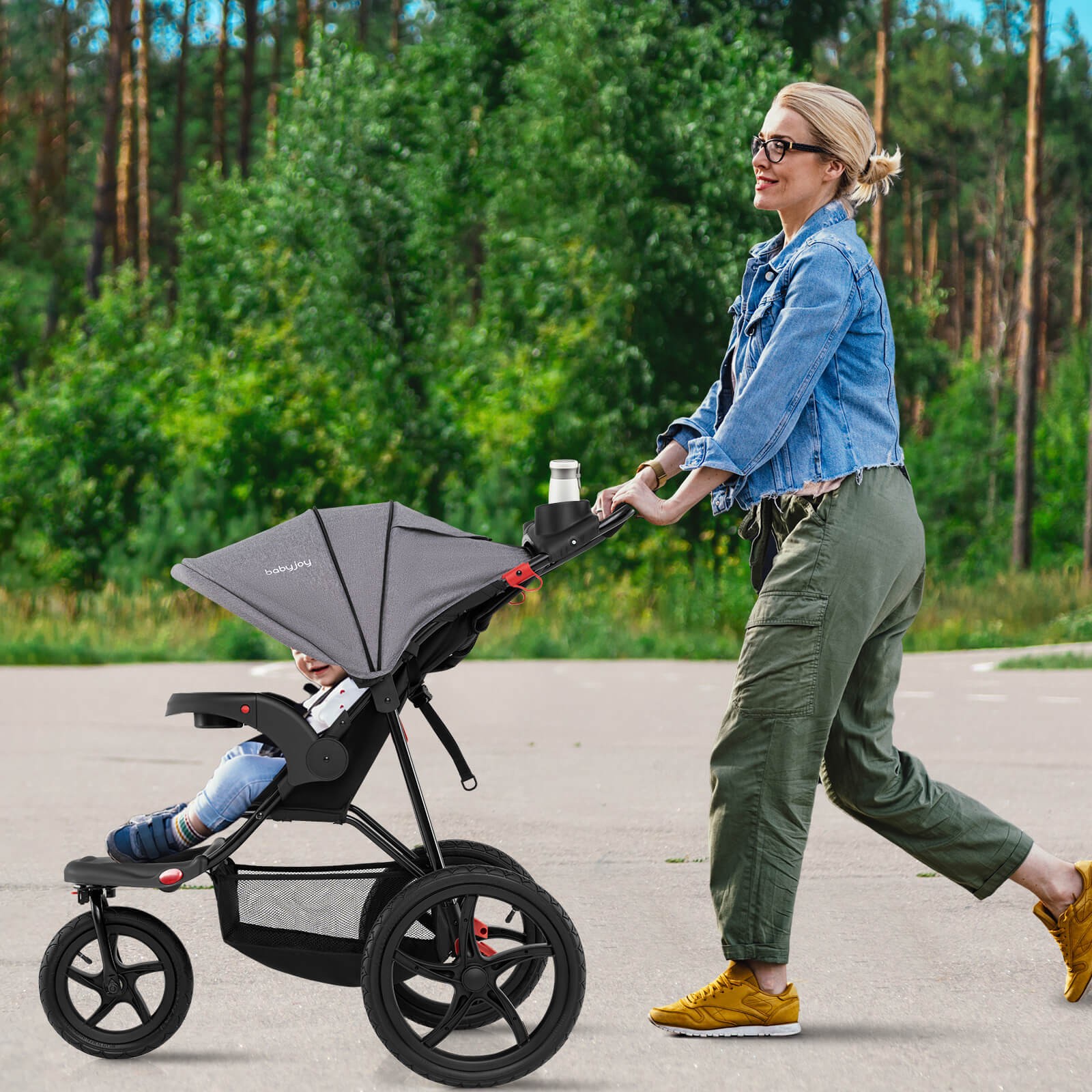 Jogging Stroller Foldable Jogger w/Adjustable Canopy Detachable Tray Cup Holders